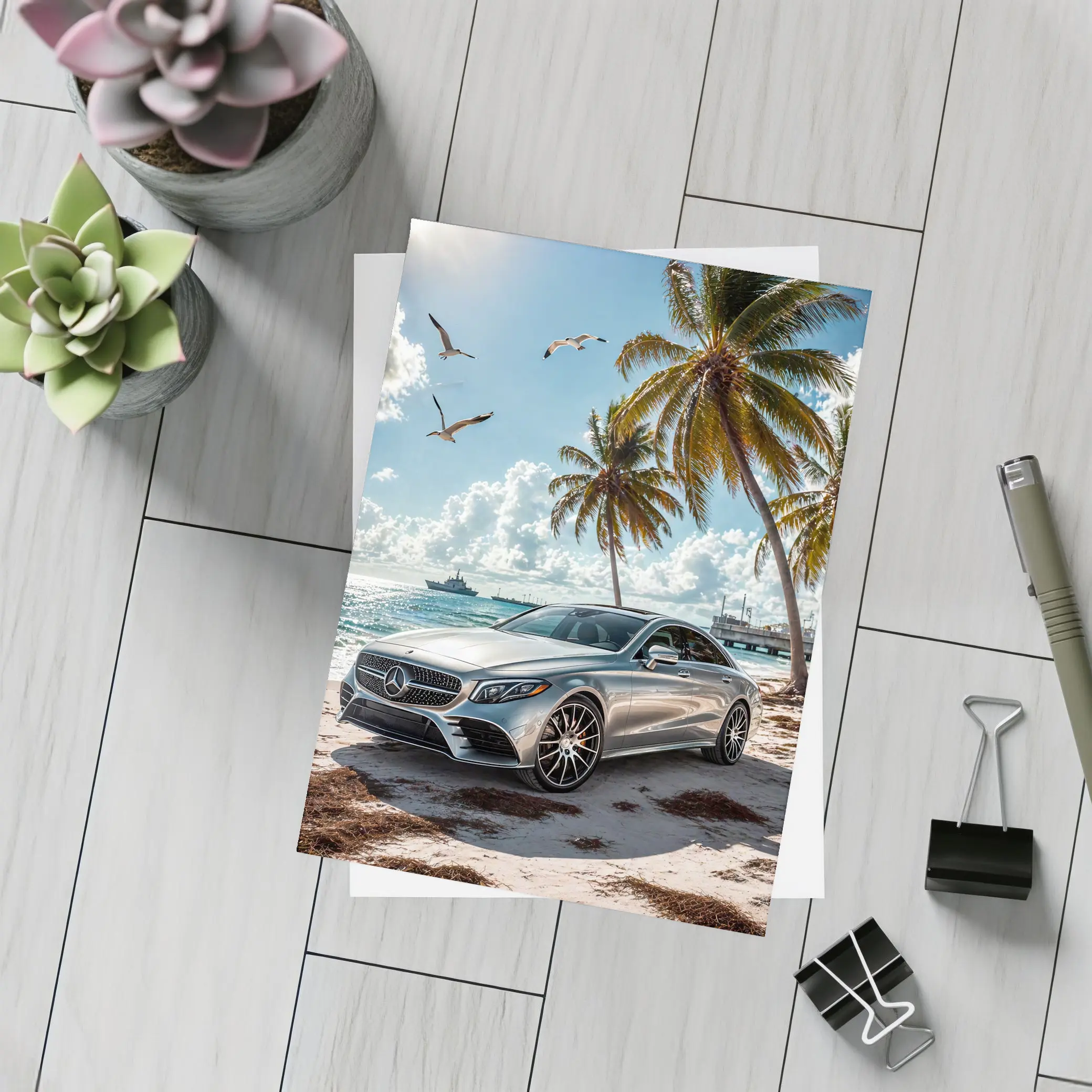 Mercedes CLS Silver Sedan Beach Palm Trees – Postcards