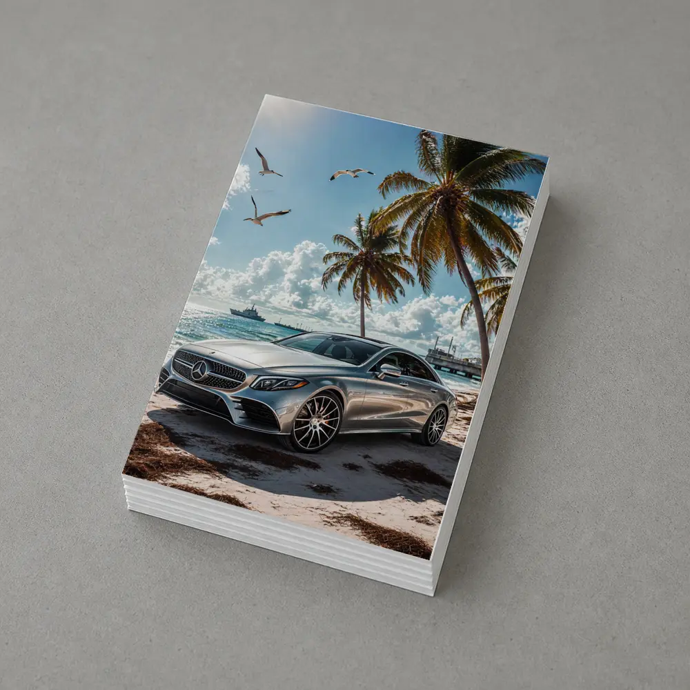 Mercedes CLS Silver Sedan Beach Palm Trees – Postcards