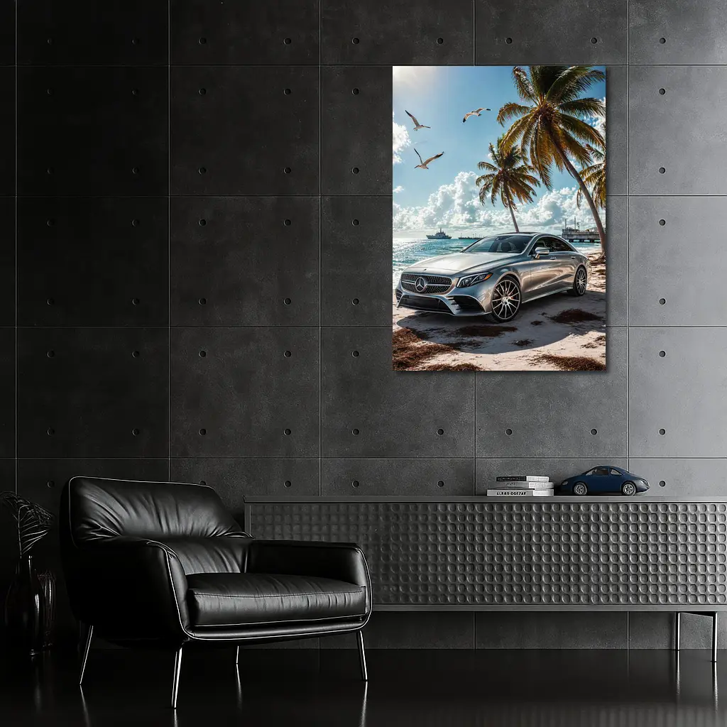 Mercedes CLS Silver Sedan Beach Palm Trees – Wall Art
