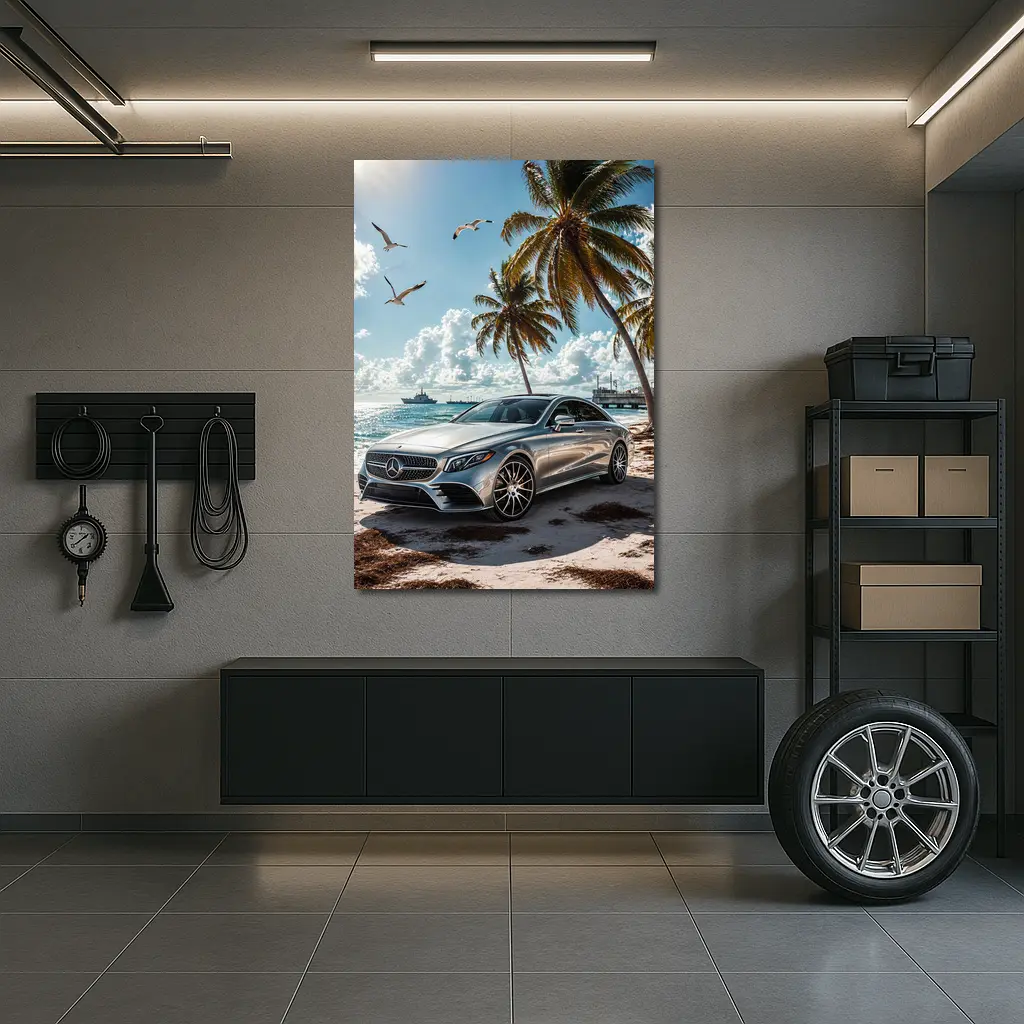 Mercedes CLS Silver Sedan Beach Palm Trees – Wall Art