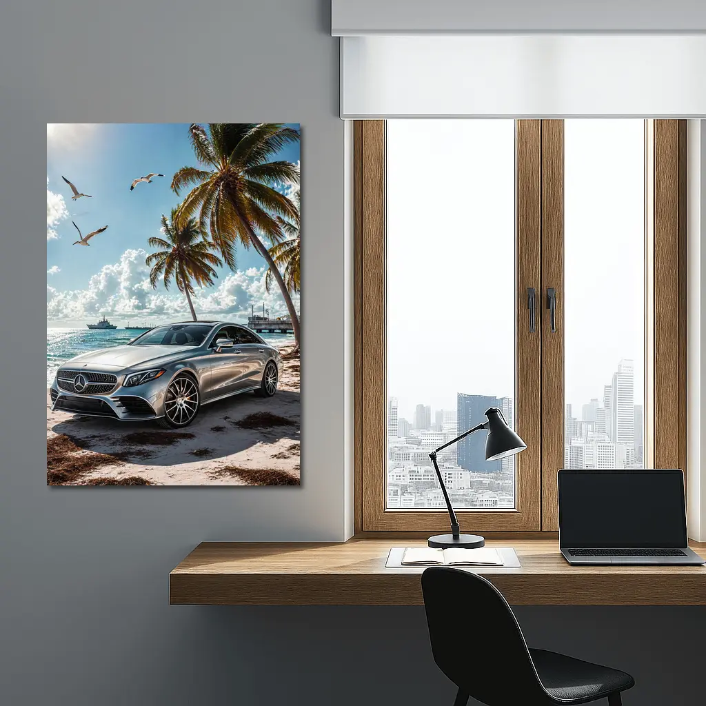 Mercedes CLS Silver Sedan Beach Palm Trees – Wall Art
