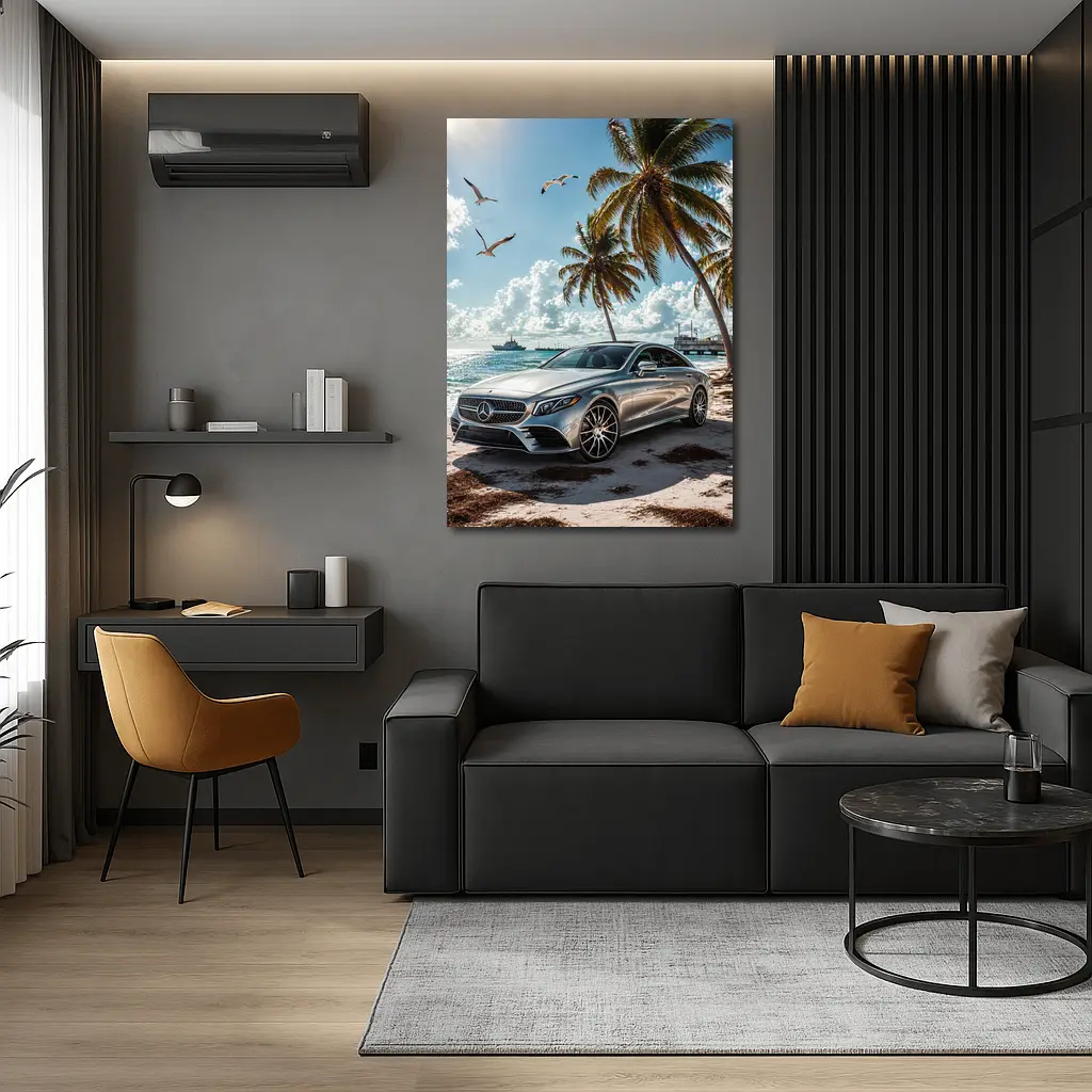 Mercedes CLS Silver Sedan Beach Palm Trees – Wall Art