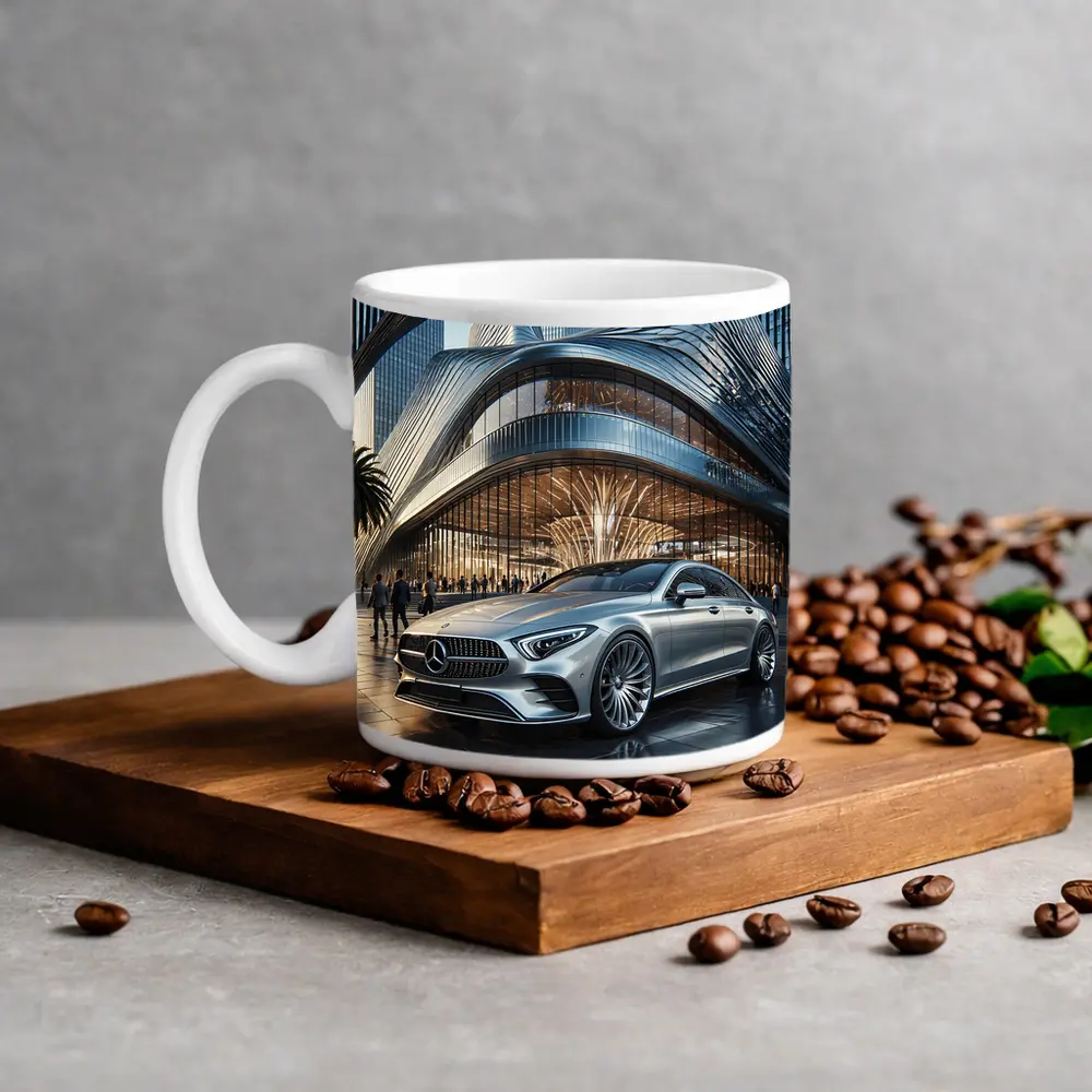 Mercedes CLS Silver Outside Luxury Architecture – Mugs