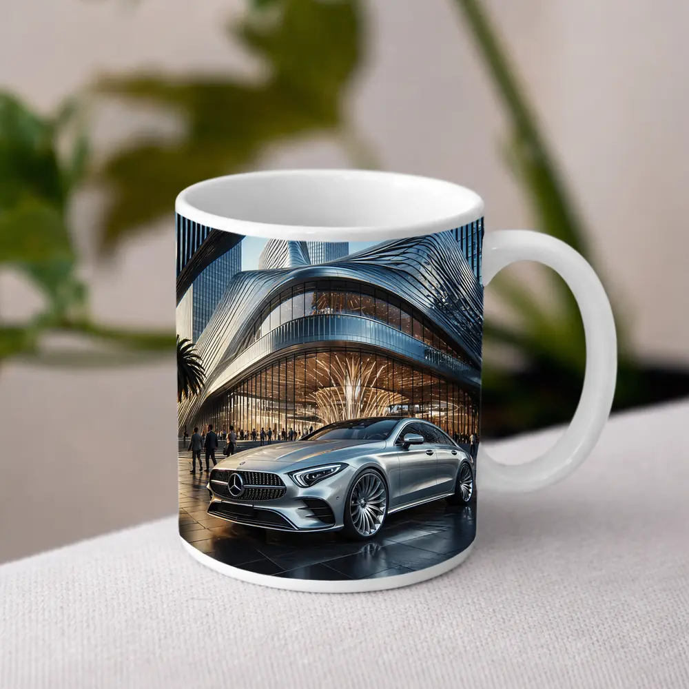 Mercedes CLS Silver Outside Luxury Architecture – Mugs