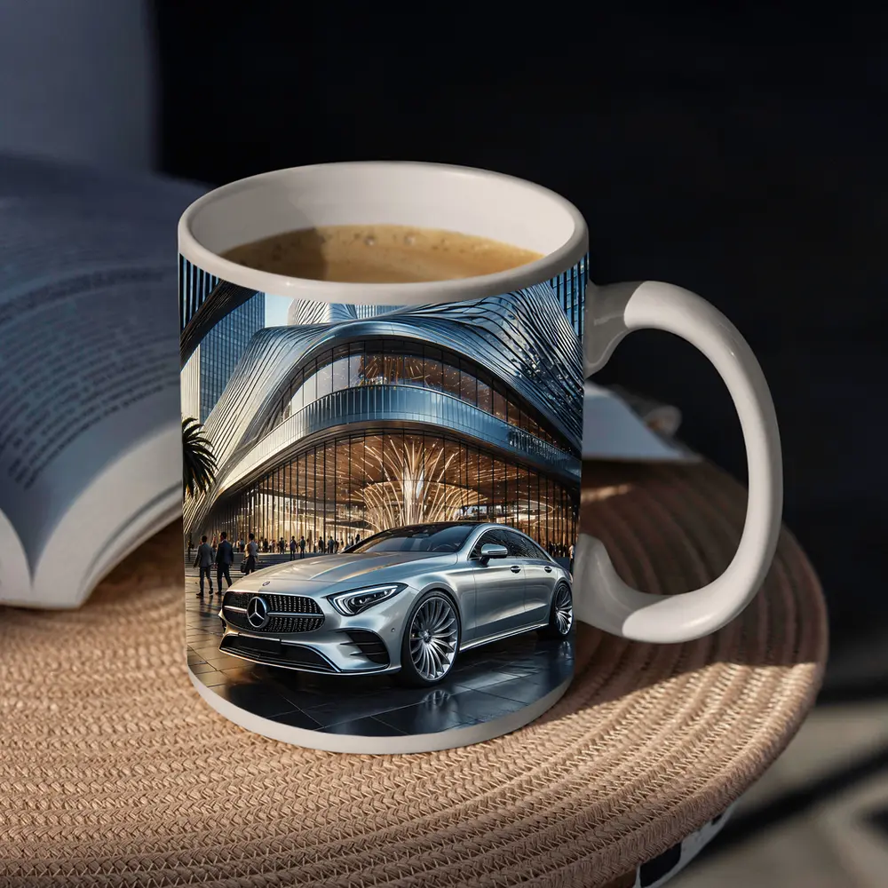 Mercedes CLS Silver Outside Luxury Architecture – Mugs