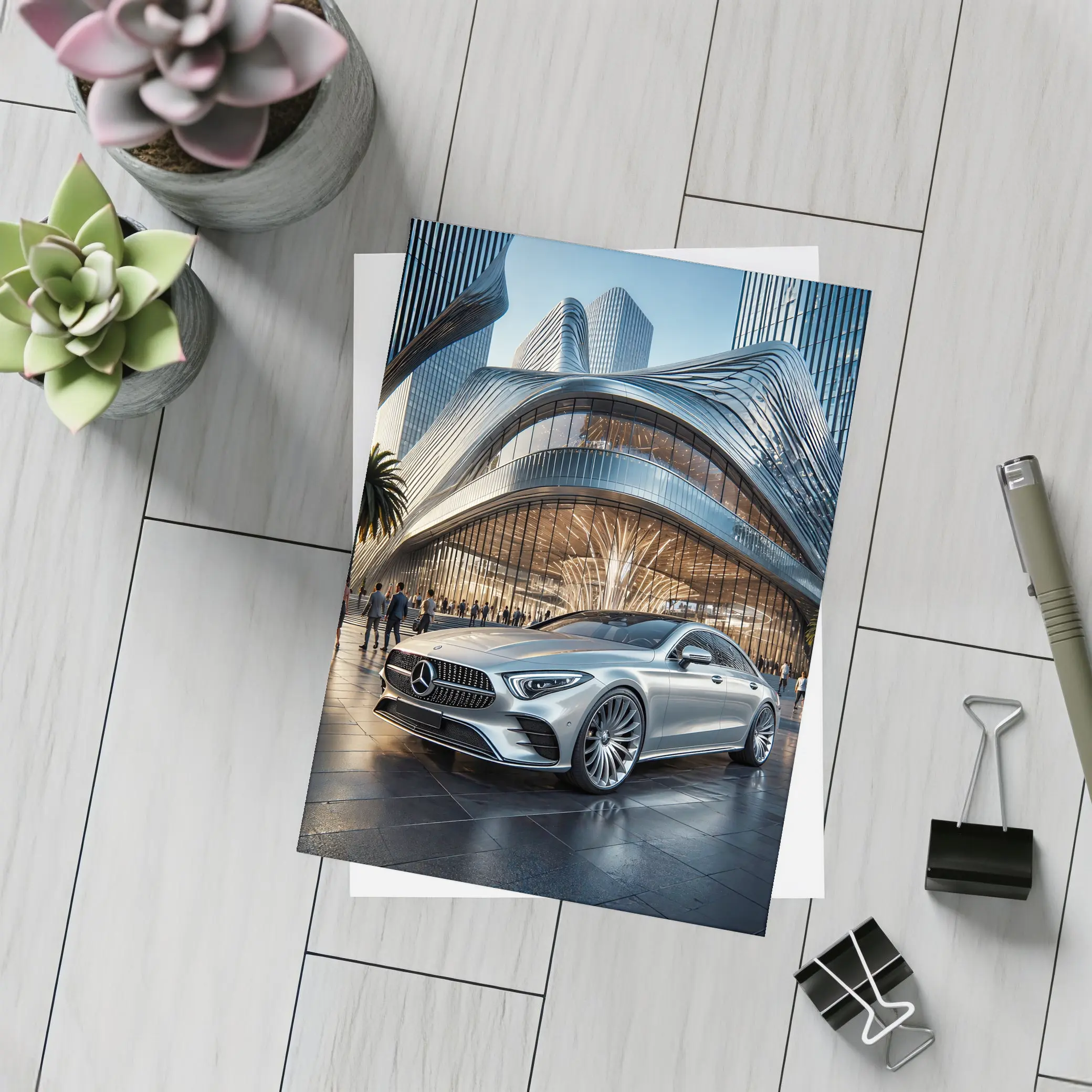 Mercedes CLS Silver Outside Luxury Architecture – Postcards