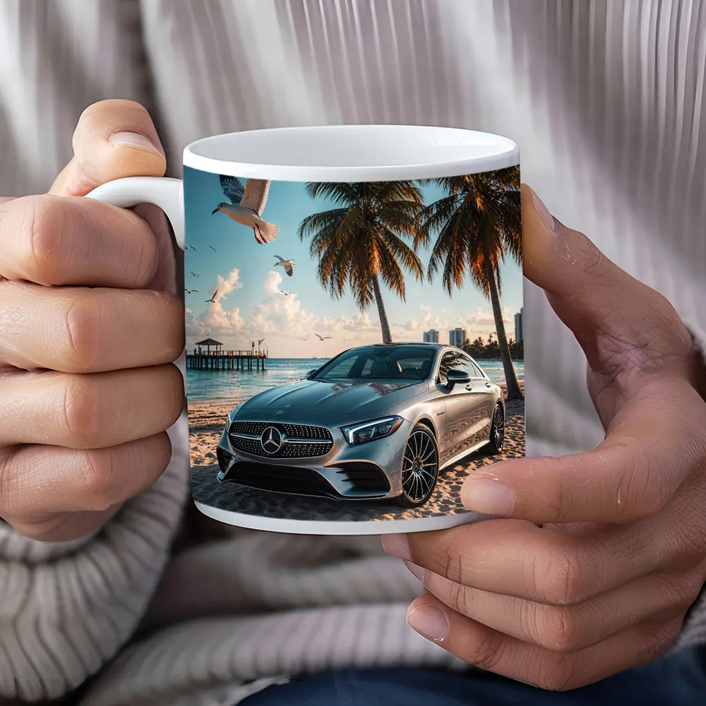 Mercedes CLS Parked on Sunny Beach – Mugs