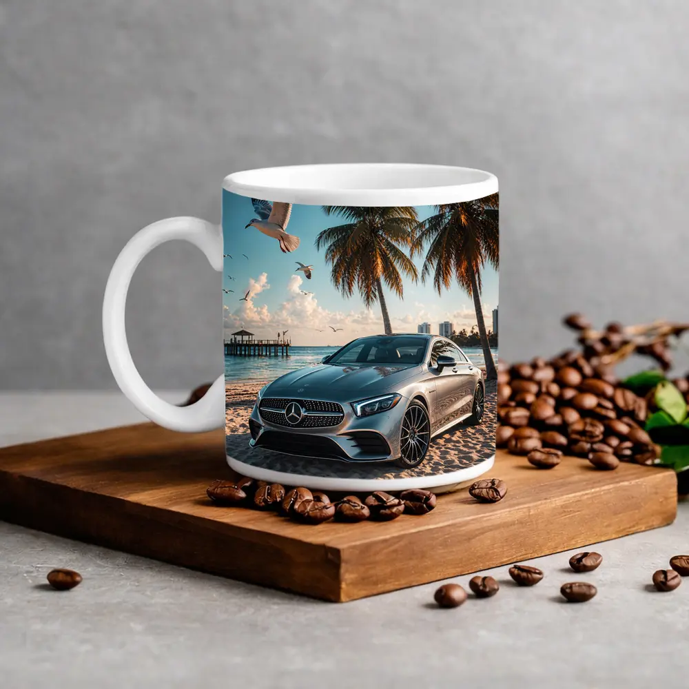 Mercedes CLS Parked on Sunny Beach – Mugs