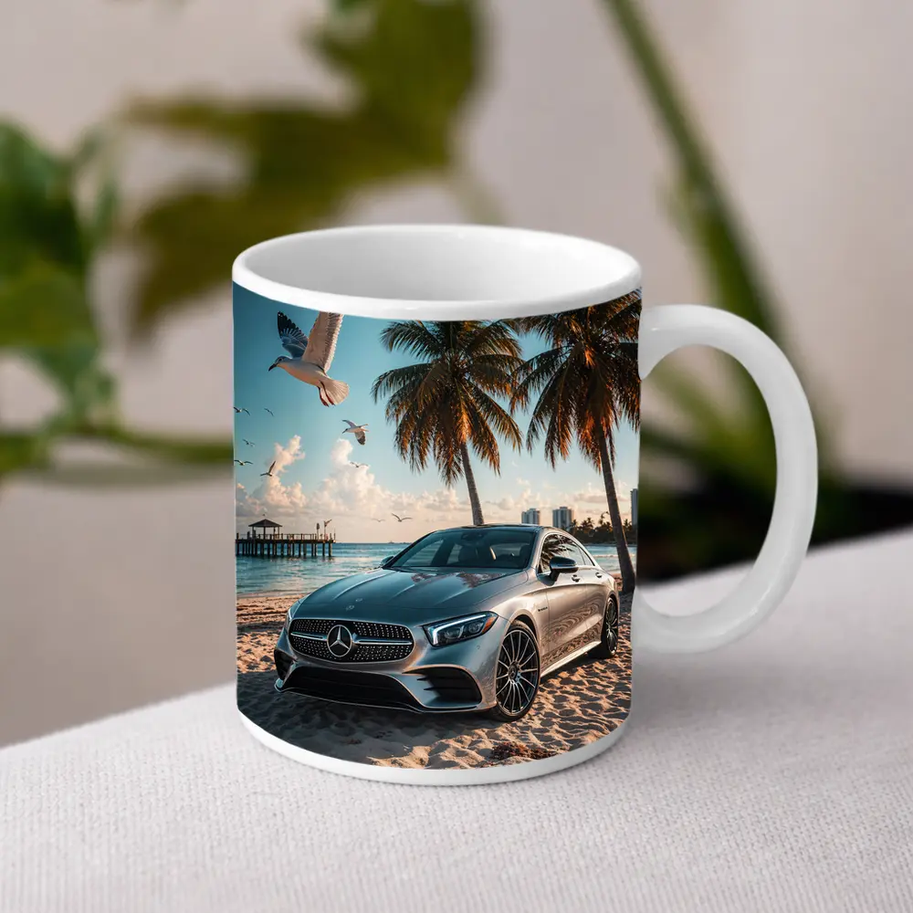Mercedes CLS Parked on Sunny Beach – Mugs