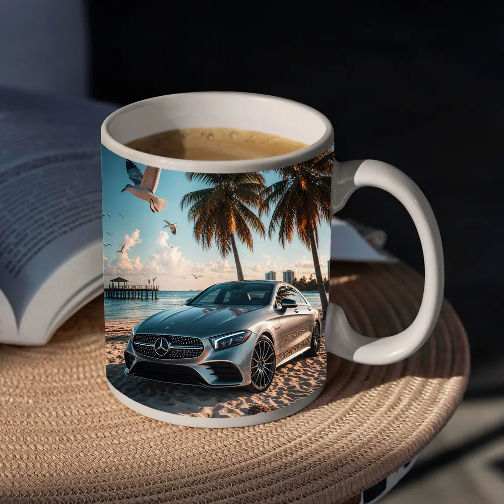 Mercedes CLS Parked on Sunny Beach – Mugs