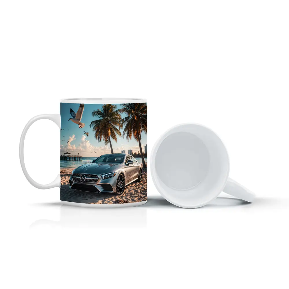 Mercedes CLS Parked on Sunny Beach – Mugs