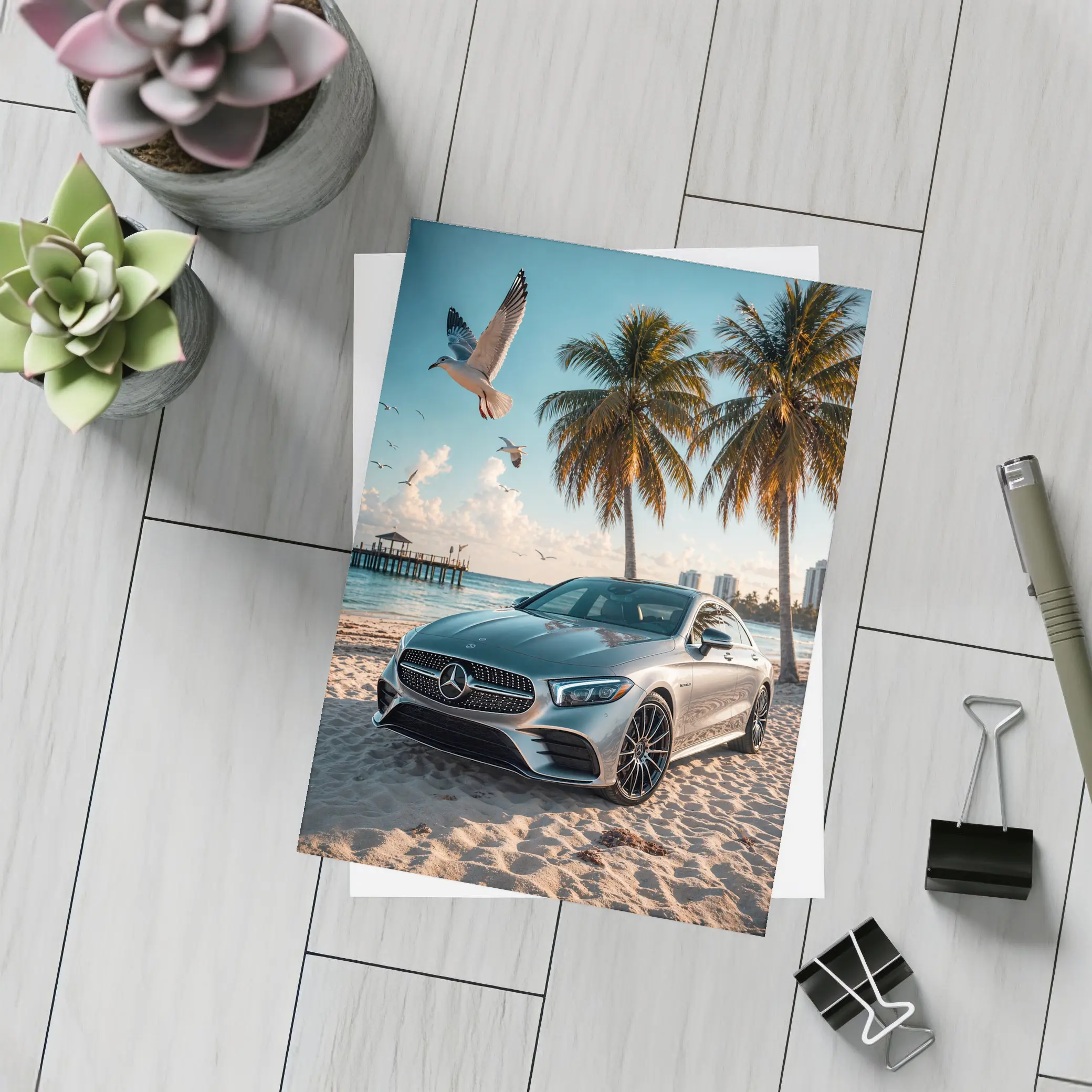 Mercedes CLS Parked on Sunny Beach – Postcards