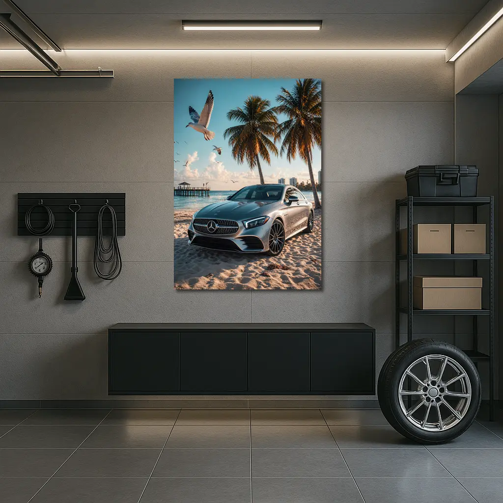 Mercedes CLS Parked on Sunny Beach – Wall Art