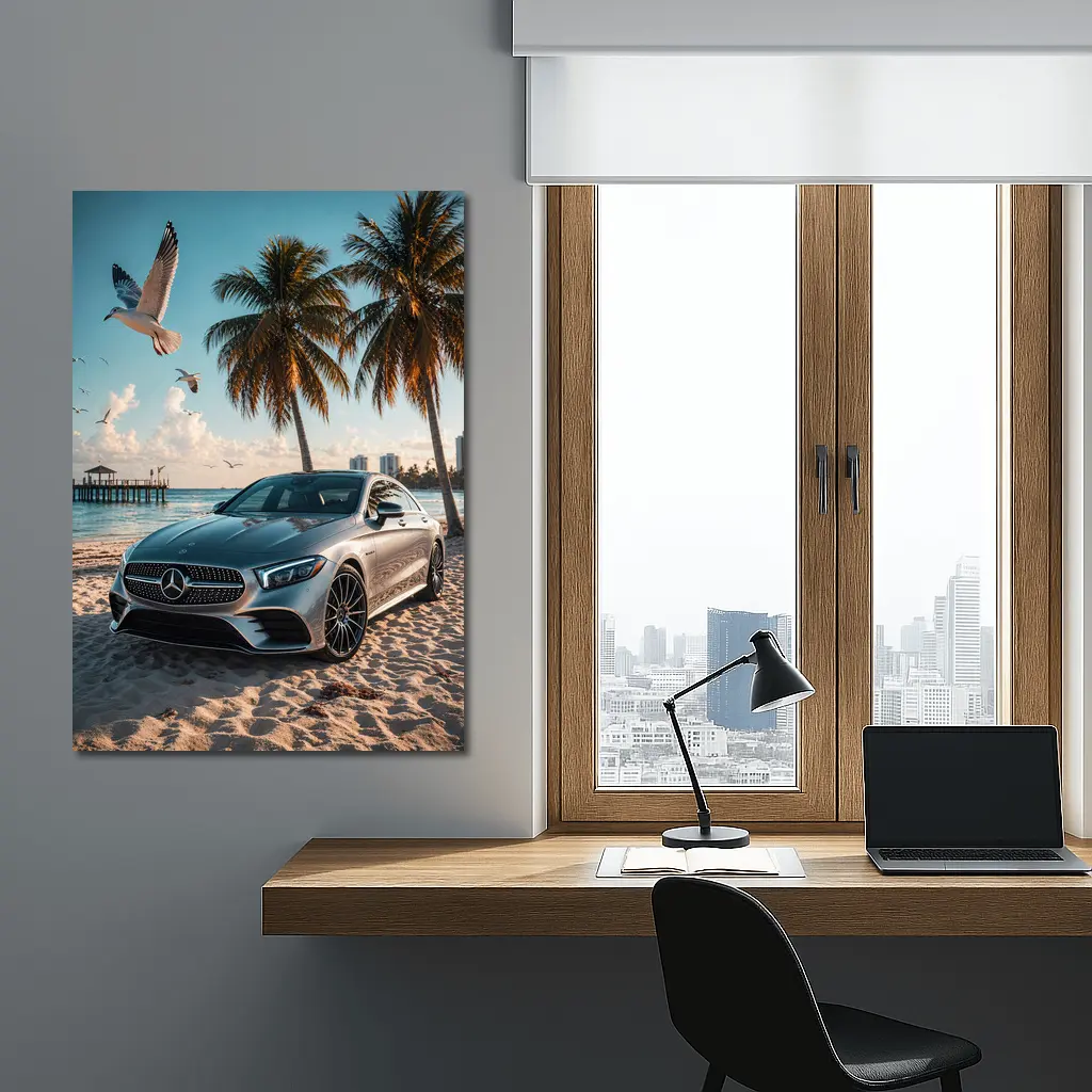 Mercedes CLS Parked on Sunny Beach – Wall Art