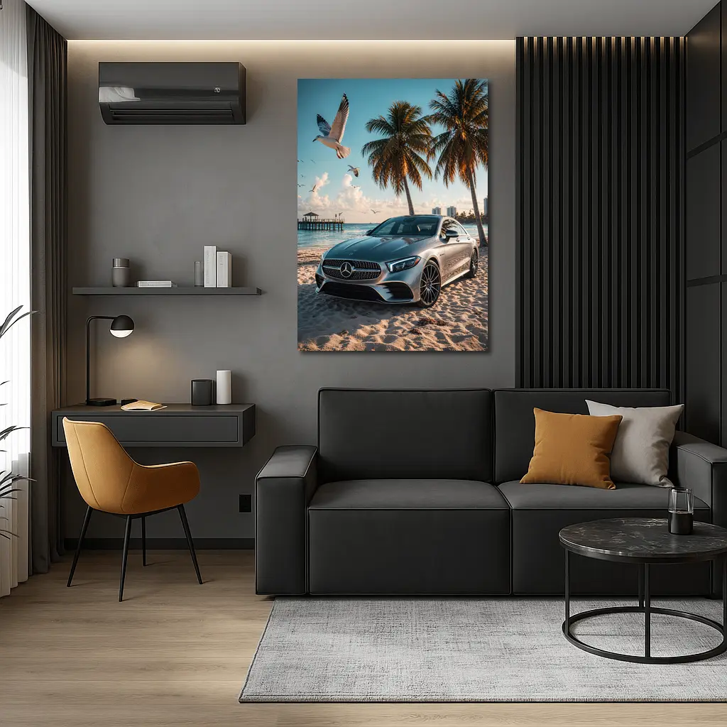 Mercedes CLS Parked on Sunny Beach – Wall Art