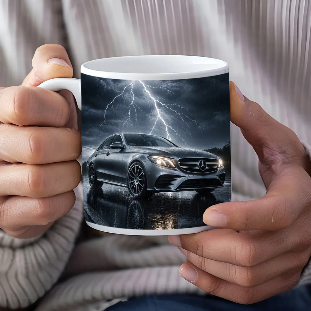 Mercedes E Class Silver Car Stormy Night – Mugs