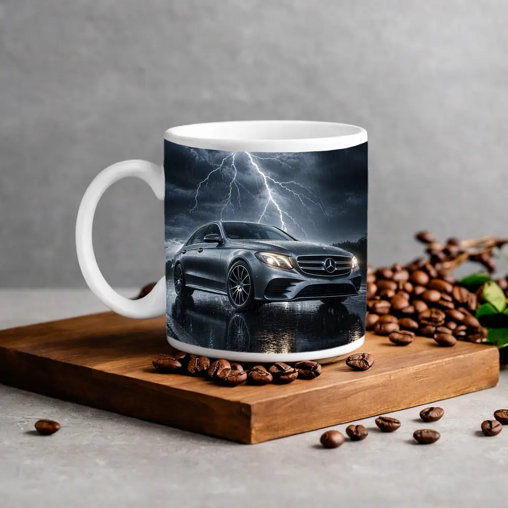 Mercedes E Class Silver Car Stormy Night – Mugs