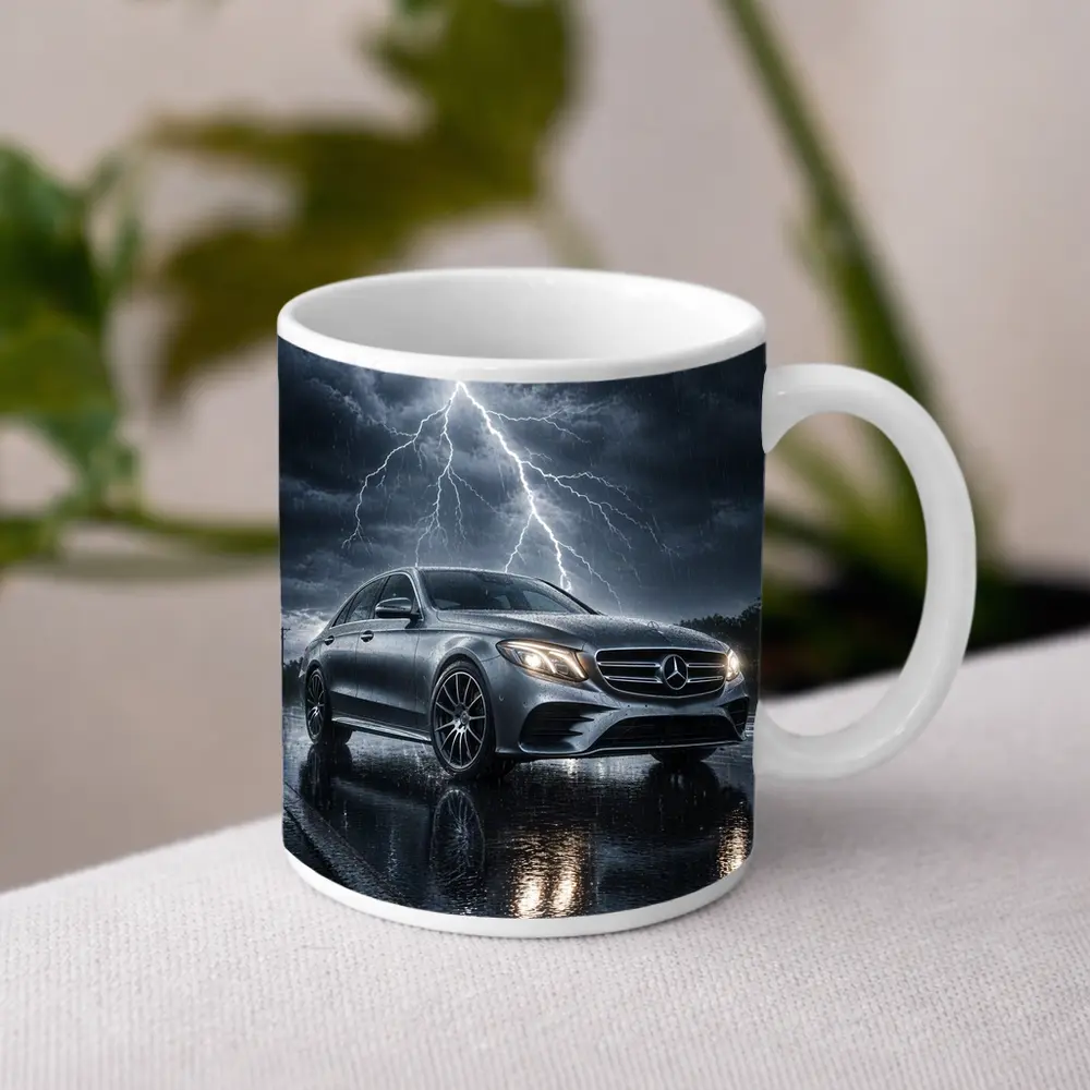 Mercedes E Class Silver Car Stormy Night – Mugs