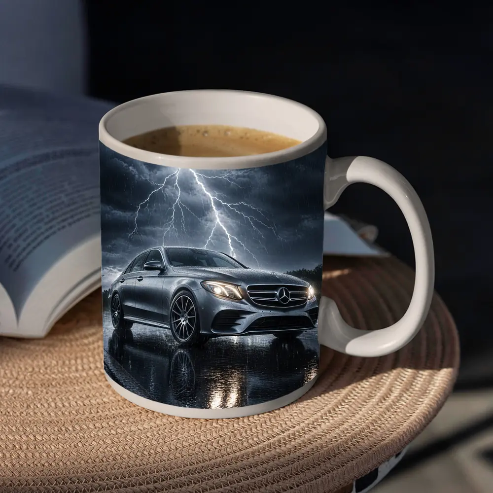 Mercedes E Class Silver Car Stormy Night – Mugs