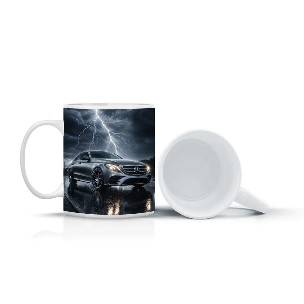 Mercedes E Class Silver Car Stormy Night – Mugs