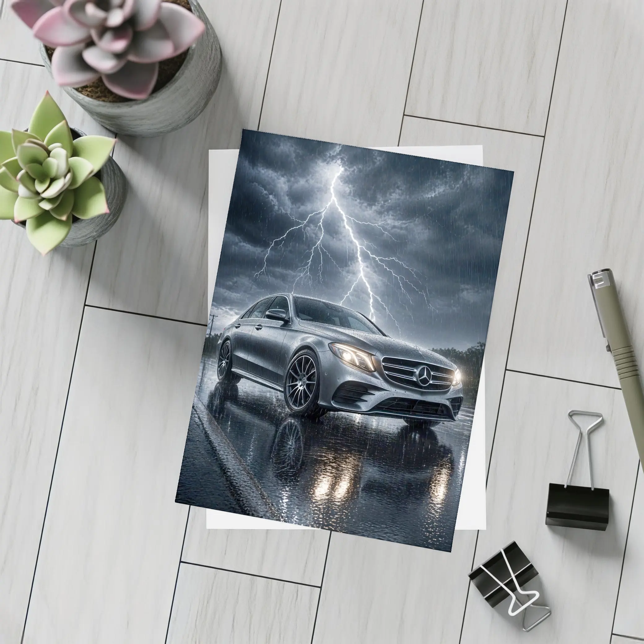 Mercedes E Class Silver Car Stormy Night – Postcards