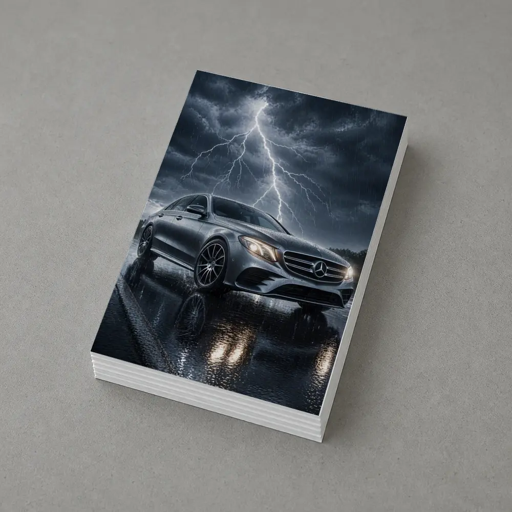 Mercedes E Class Silver Car Stormy Night – Postcards