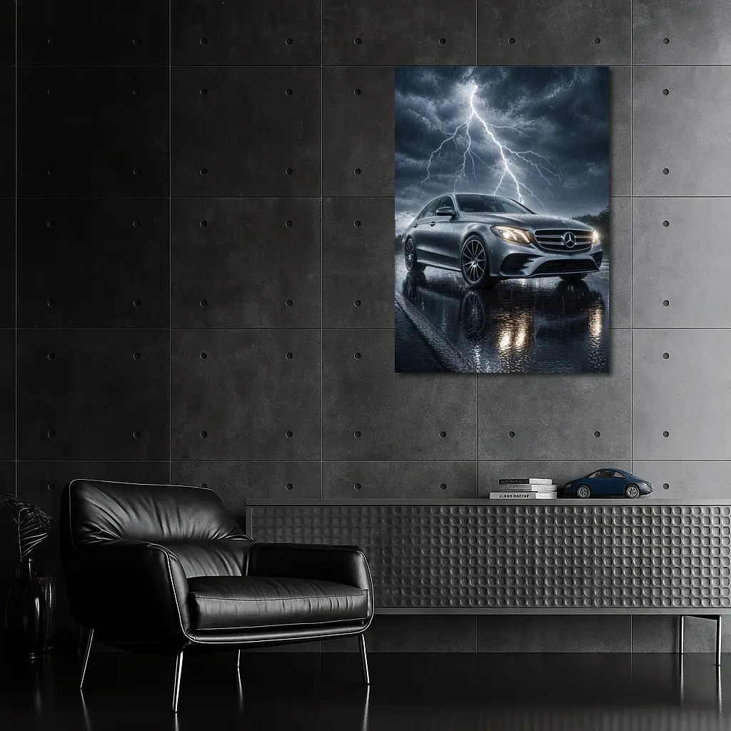 Mercedes E Class Silver Car Stormy Night – Wall Art