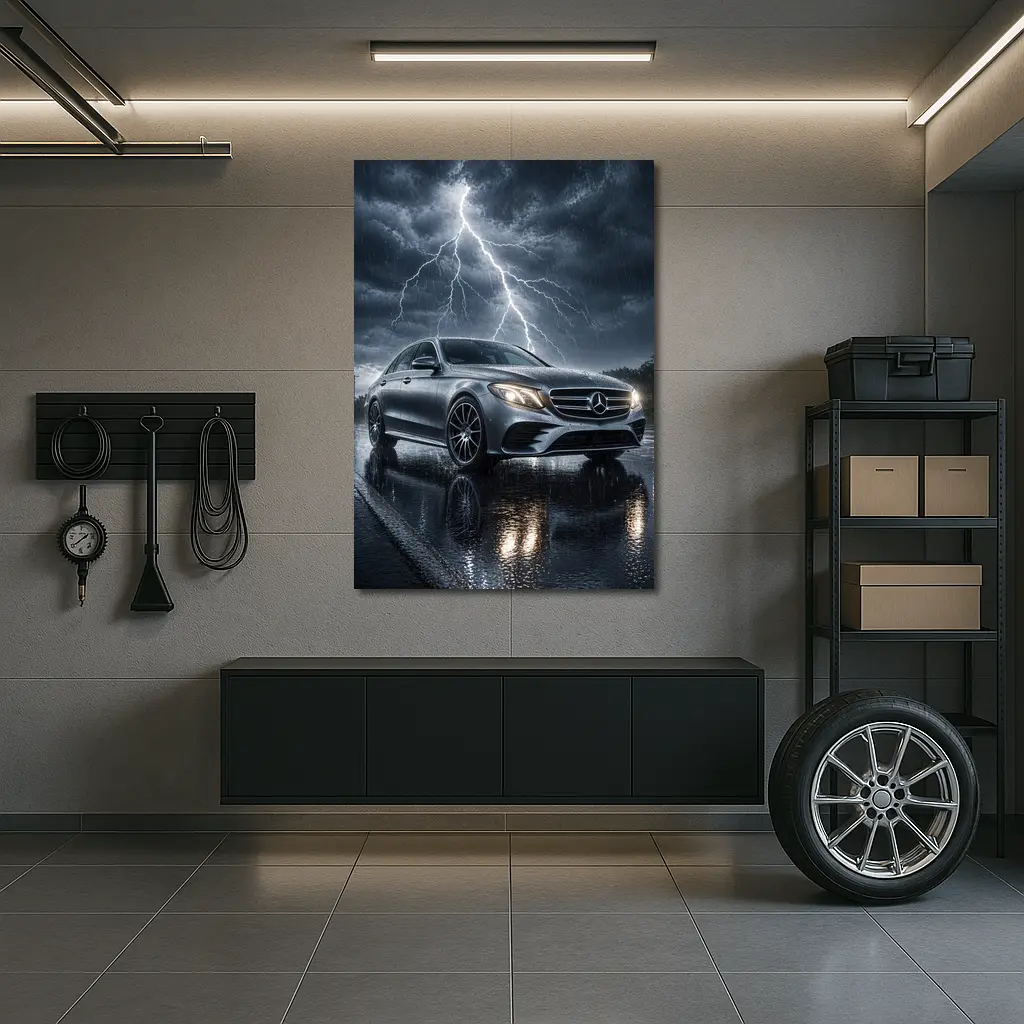 Mercedes E Class Silver Car Stormy Night – Wall Art