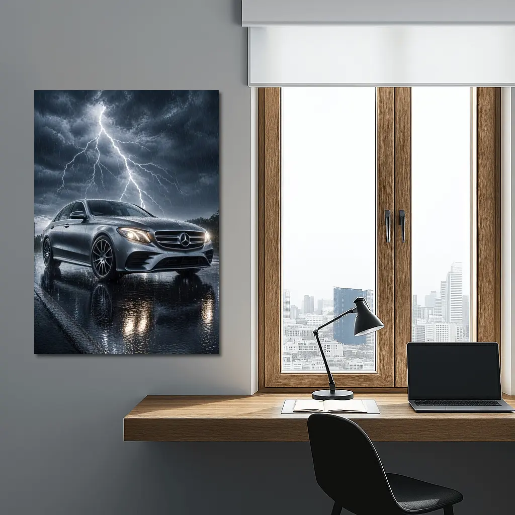 Mercedes E Class Silver Car Stormy Night – Wall Art