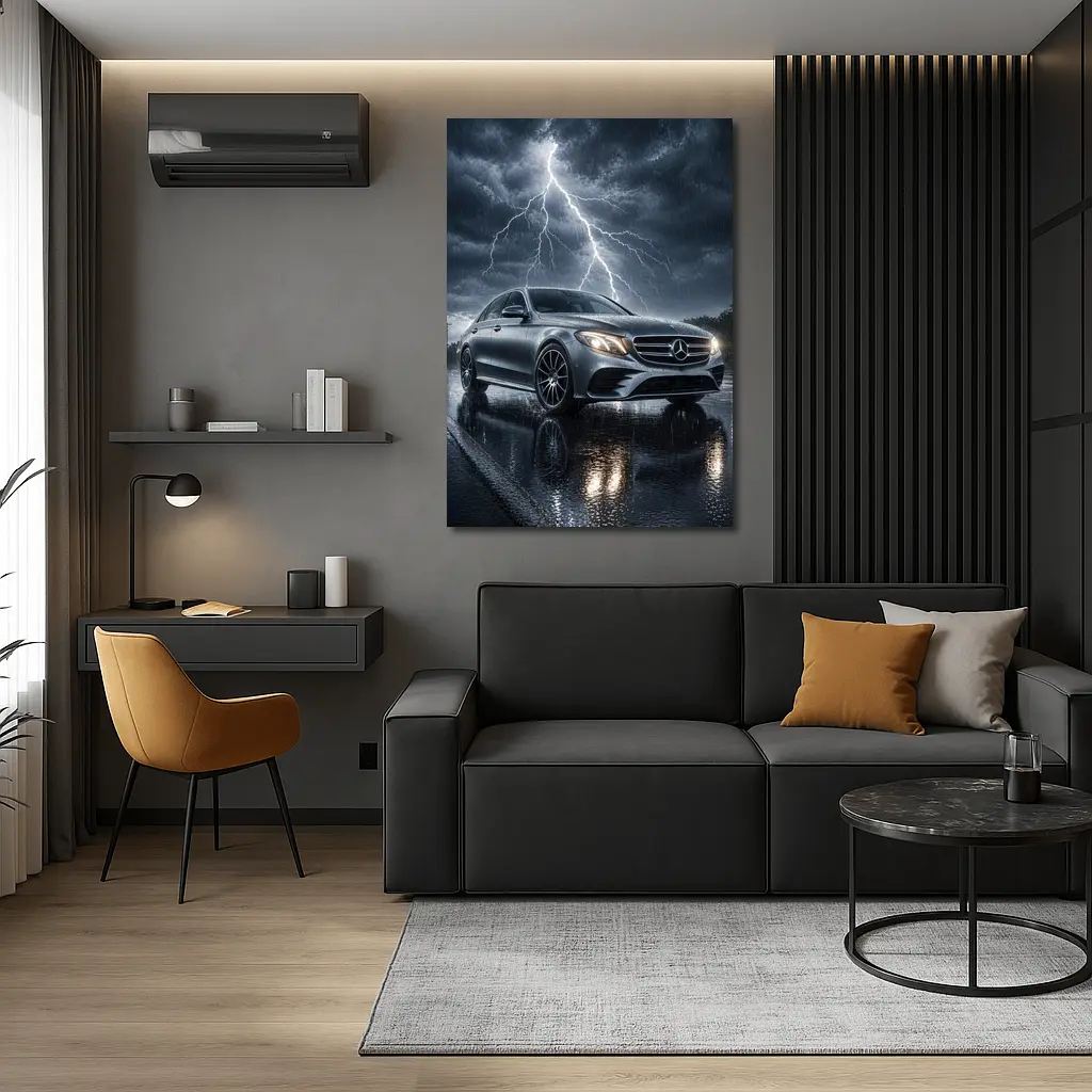 Mercedes E Class Silver Car Stormy Night – Wall Art