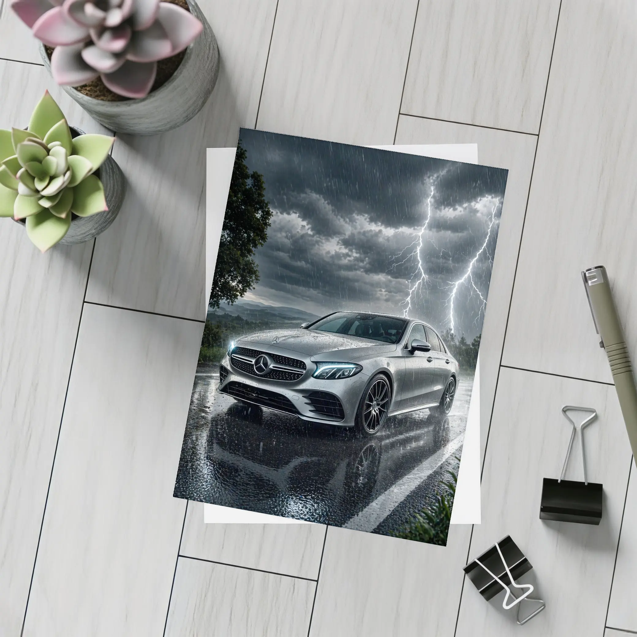 Mercedes E Class Storm Lightning Rain Night – Postcards