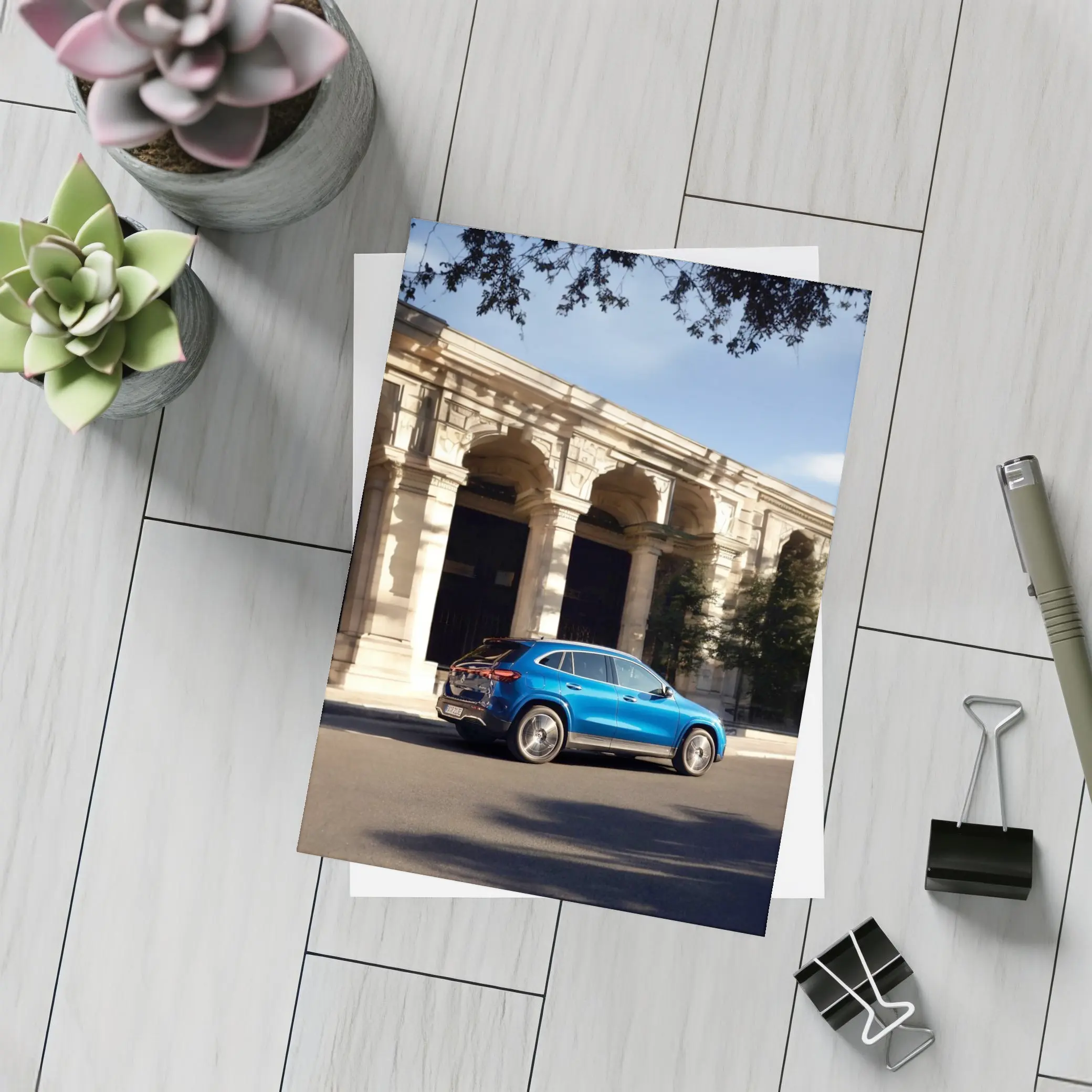 Mercedes EQA Blue SUV Classic Building Street – Postcards