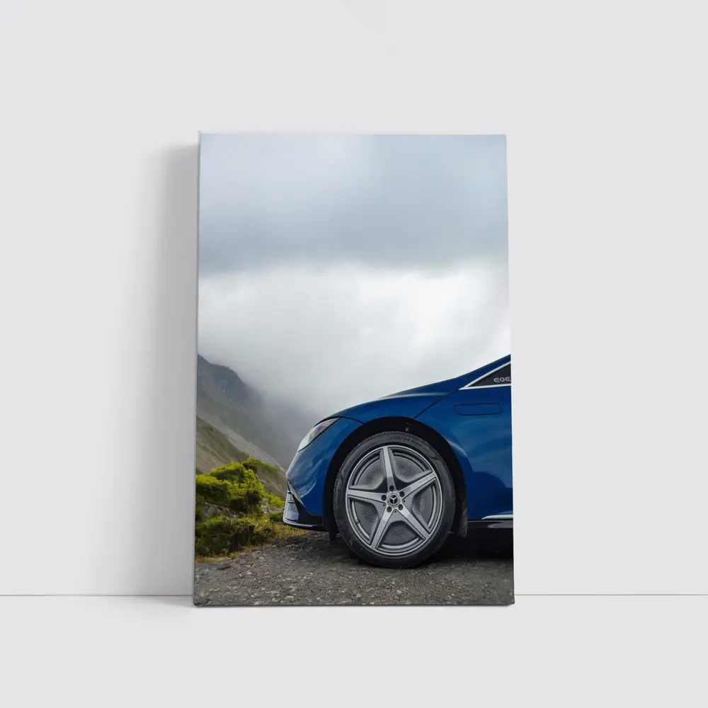 Mercedes EQE Blue Wheel Misty Mountain Road – Wall Art
