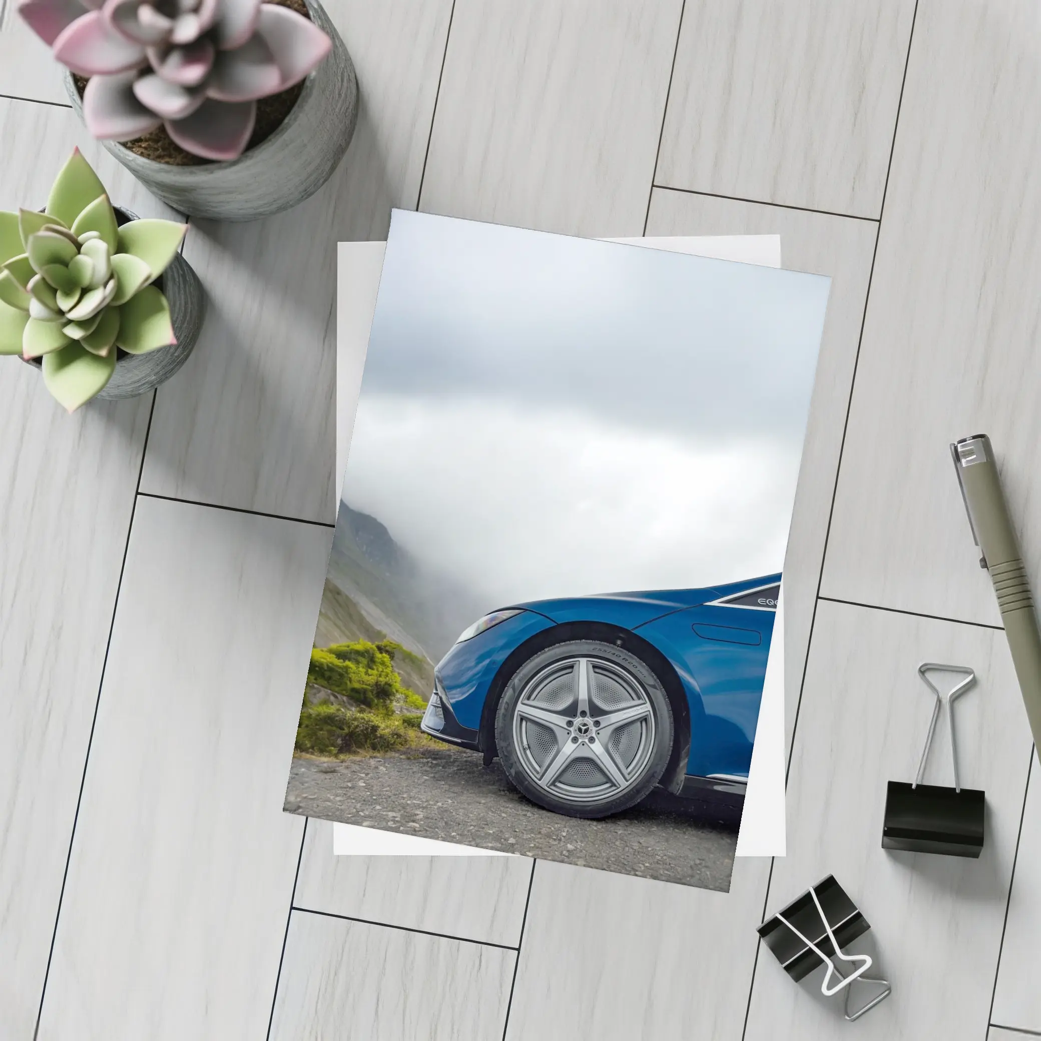 Mercedes EQE Blue Wheel Misty Mountain Road – Postcards