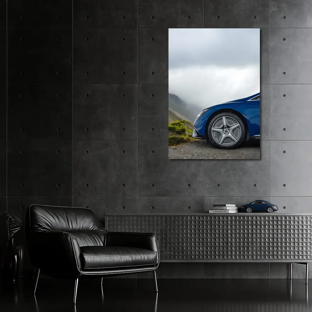 Mercedes EQE Blue Wheel Misty Mountain Road – Wall Art