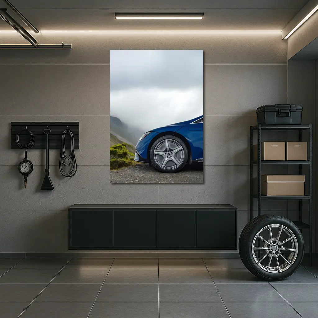 Mercedes EQE Blue Wheel Misty Mountain Road – Wall Art