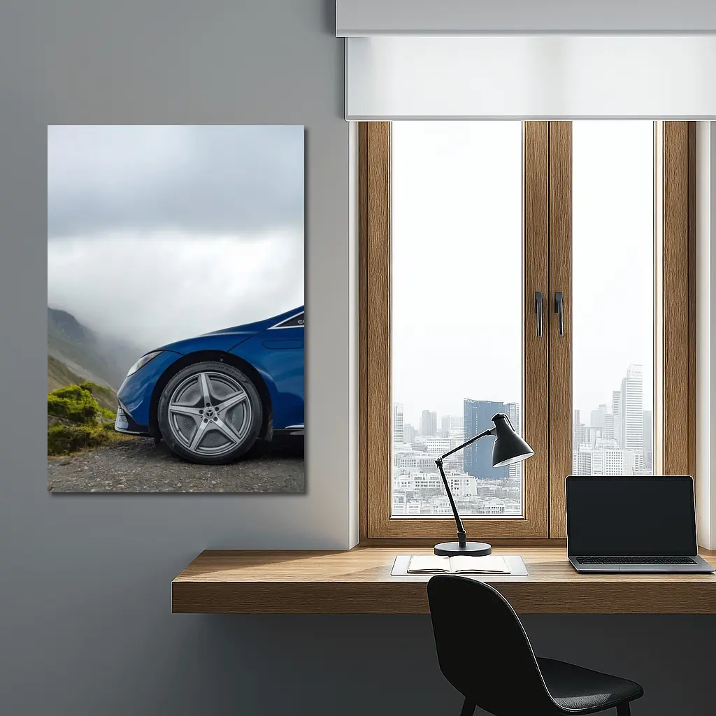 Mercedes EQE Blue Wheel Misty Mountain Road – Wall Art