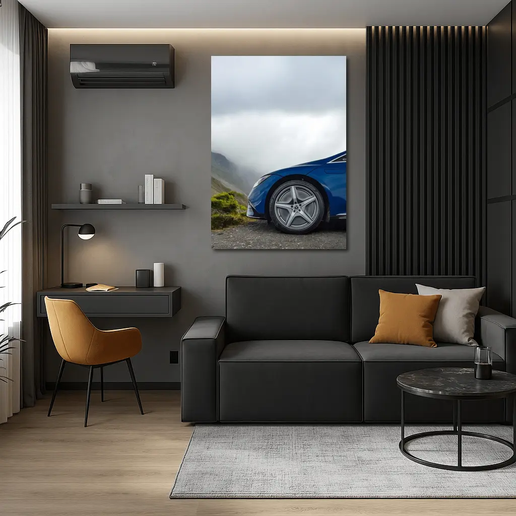 Mercedes EQE Blue Wheel Misty Mountain Road – Wall Art