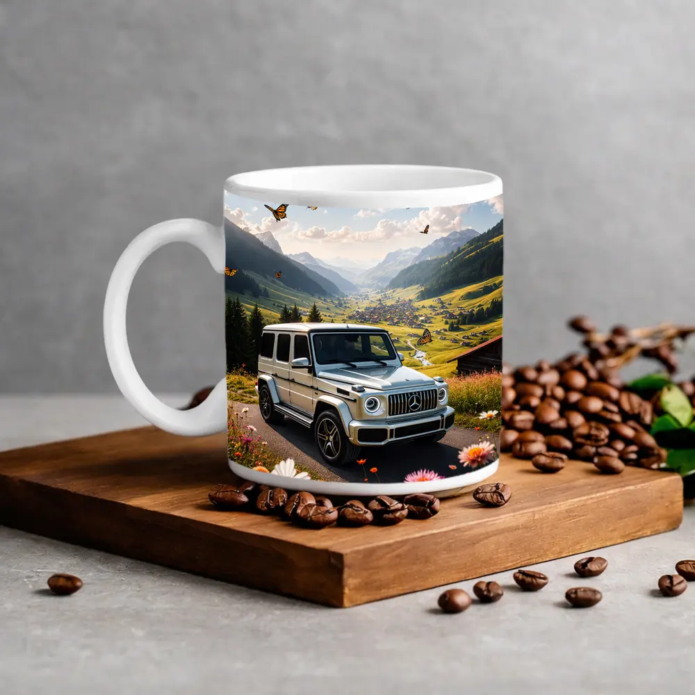 Mercedes G Class White Alpine Valley Scene – Mugs