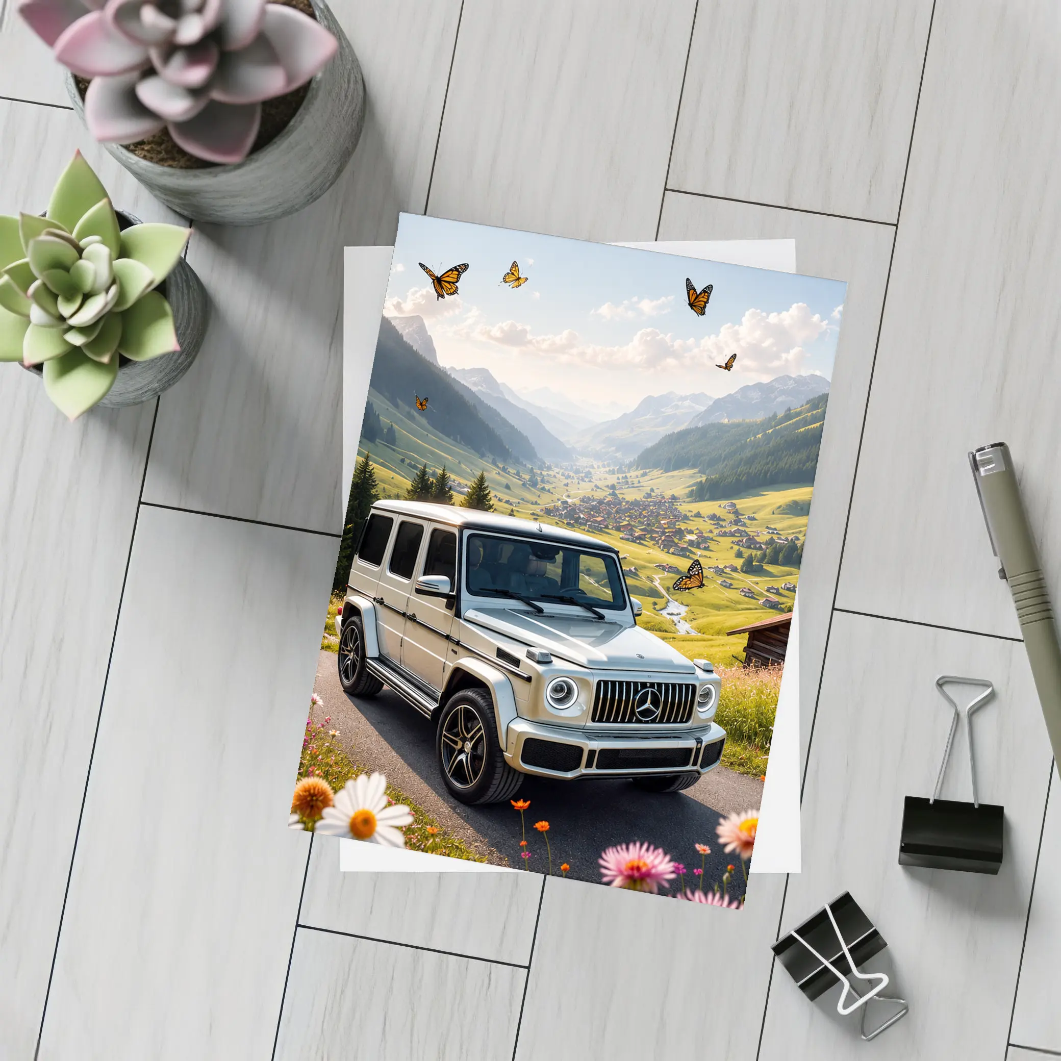 Mercedes G Class White Alpine Valley Scene – Postcards