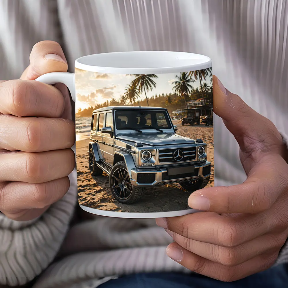 Mercedes G Class Silver Beach Sunset Scene – Mugs