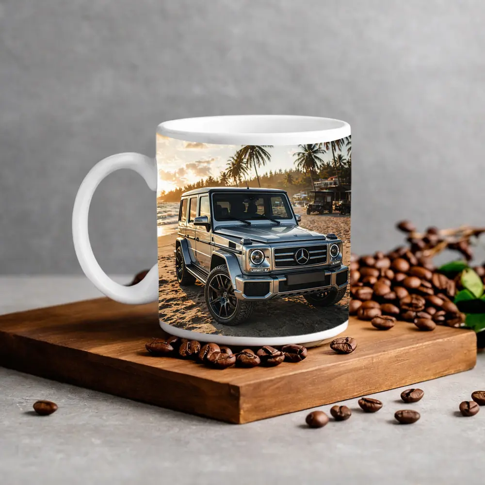 Mercedes G Class Silver Beach Sunset Scene – Mugs