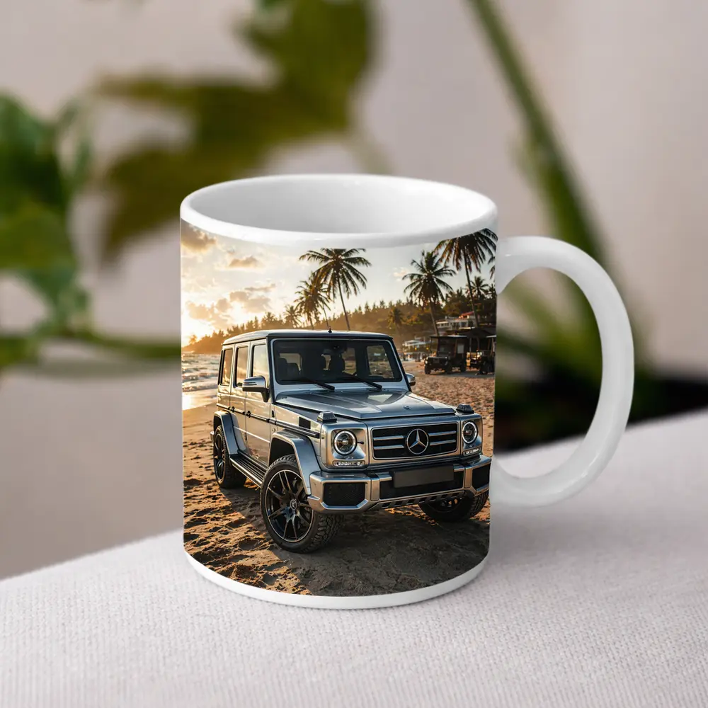 Mercedes G Class Silver Beach Sunset Scene – Mugs