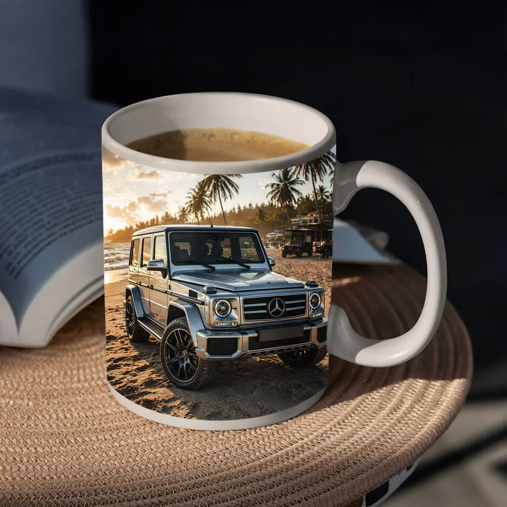 Mercedes G Class Silver Beach Sunset Scene – Mugs
