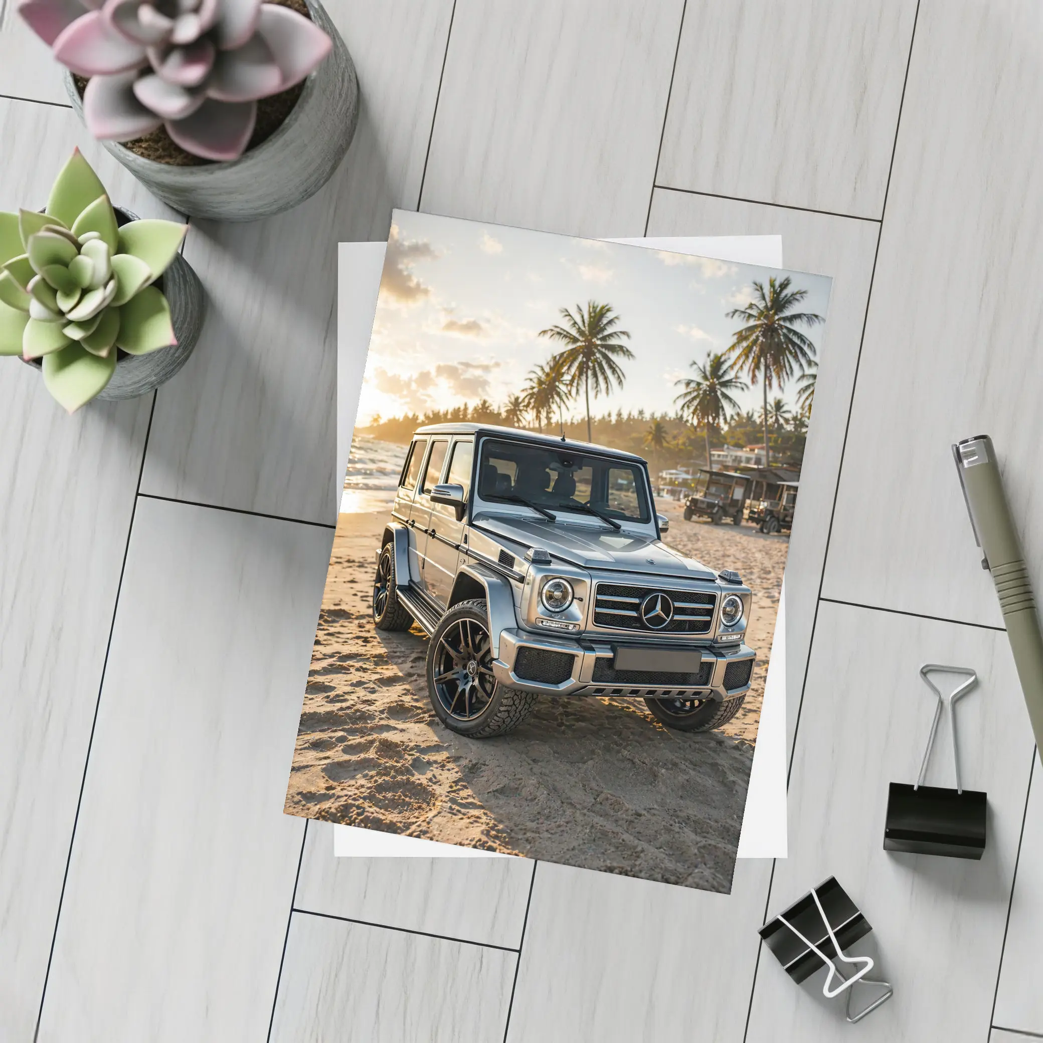 Mercedes G Class Silver Beach Sunset Scene – Postcards
