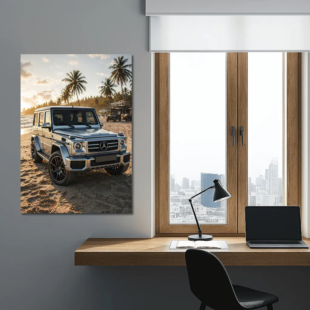 Mercedes G Class Silver Beach Sunset Scene – Wall Art