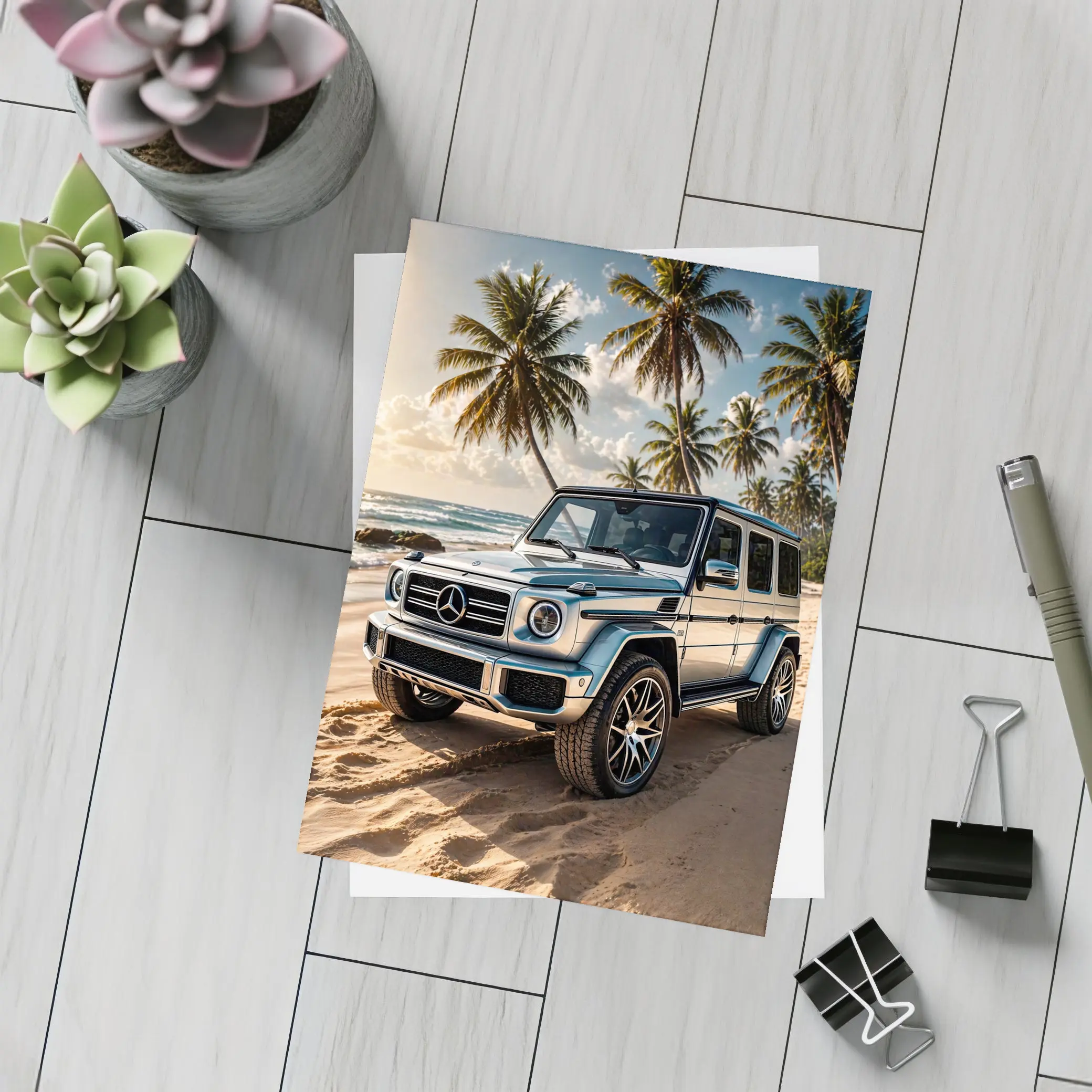 Mercedes G Class Silver Beach Palm Trees – Postcards