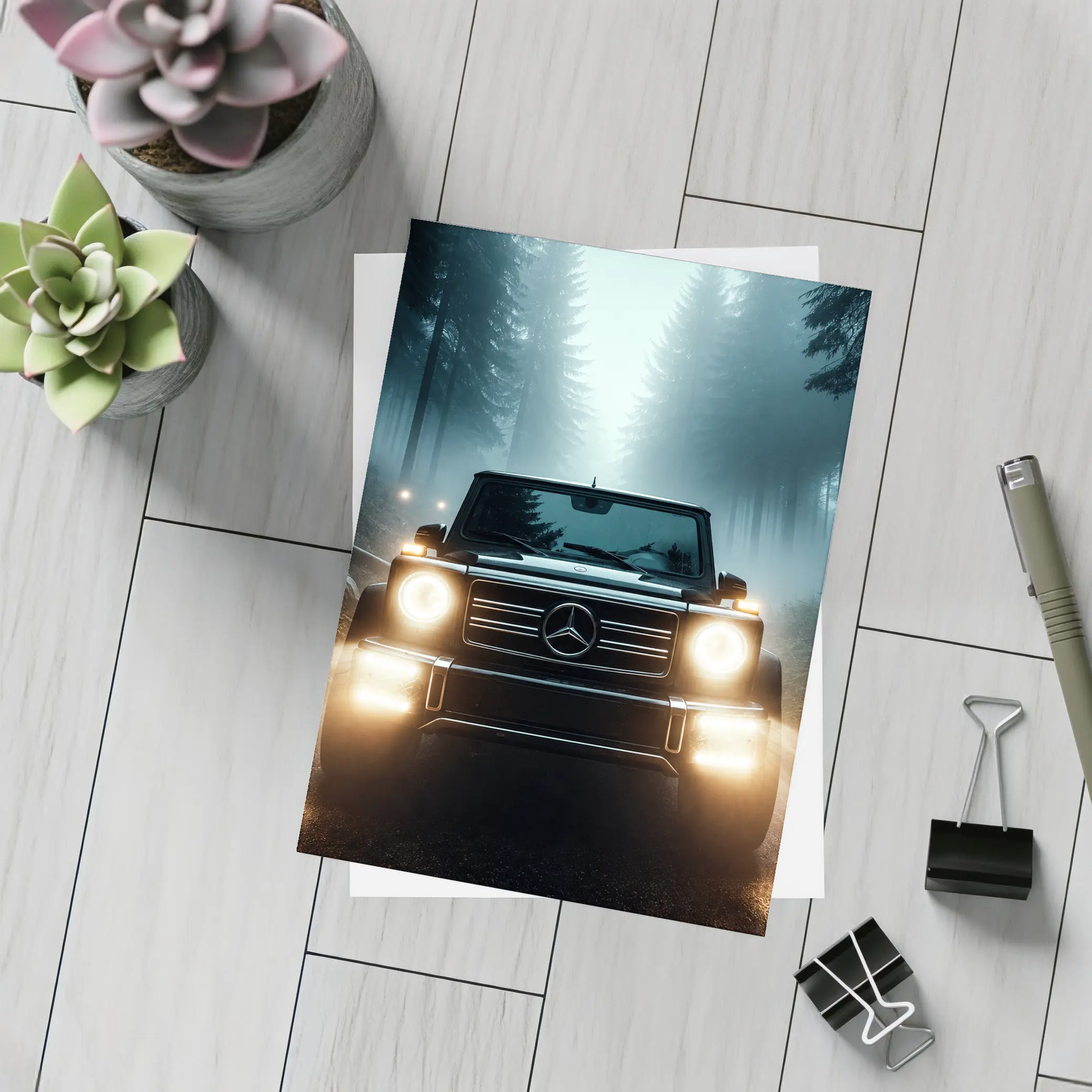 Mercedes G Class Dark Misty Forest Night – Postcards