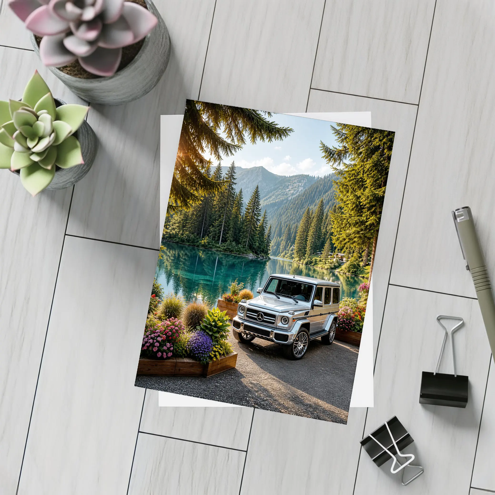 Mercedes G Class Silver SUV Mountain Lake – Postcards