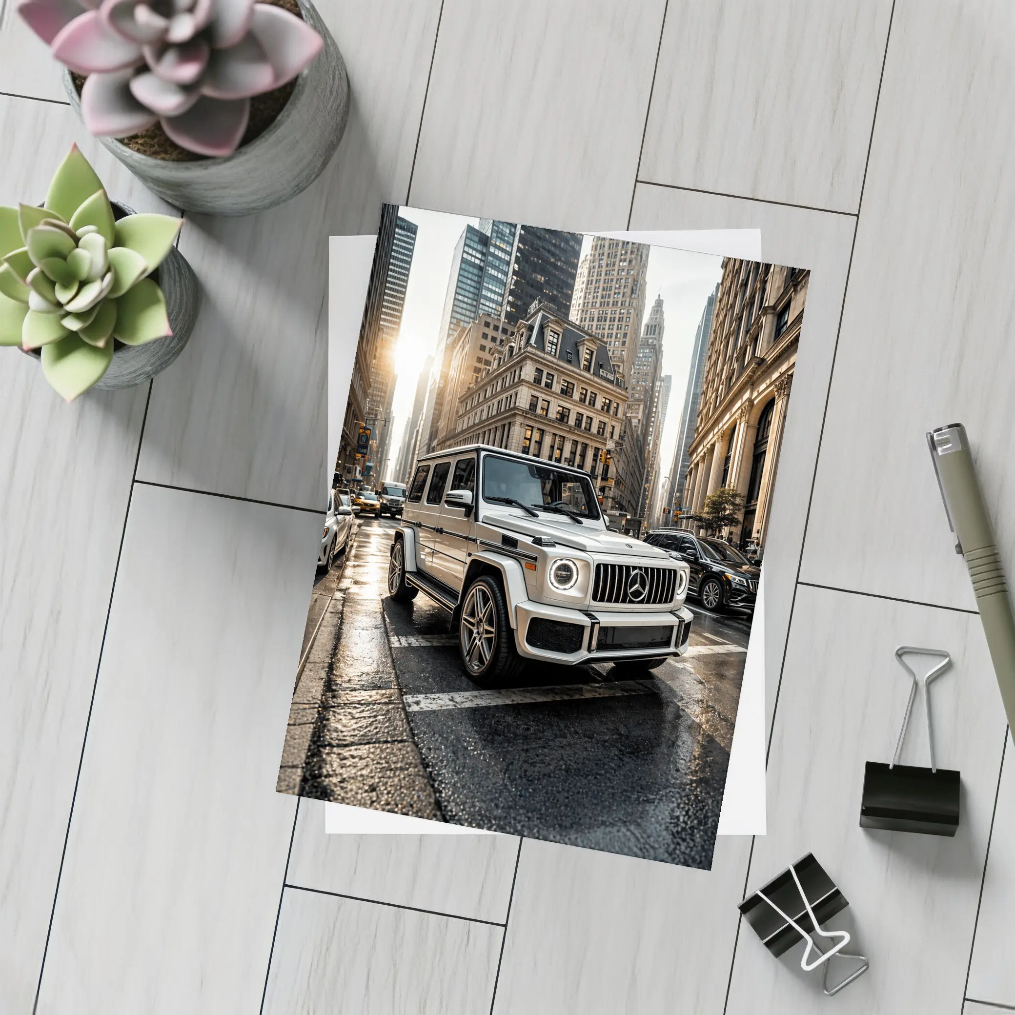 Mercedes G Class White SUV City Street – Postcards